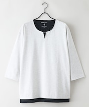 【汗染みの目立ちにくいTシャツ ZEROSTAIN】フェイクレイヤード ビッグシルエット キーネック クルーネック 7分袖Tシャツ 防汚 UVカット 綿タッチ・厚手