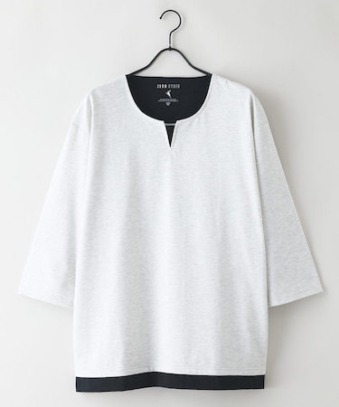 【汗染みの目立ちにくいTシャツ ZEROSTAIN】フェイクレイヤード ビッグシルエット キーネック クルーネック 7分袖Tシャツ 防汚 UVカット 綿タッチ・厚手