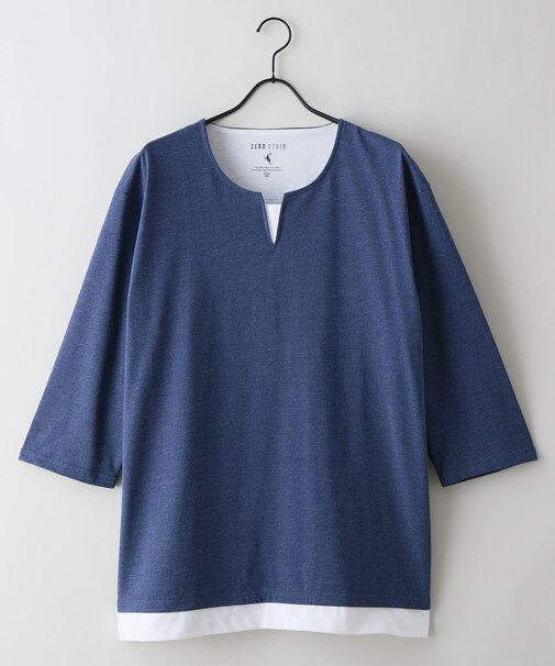 【汗染みの目立ちにくいTシャツ ZEROSTAIN】フェイクレイヤード ビッグシルエット キーネック クルーネック 7分袖Tシャツ 防汚 UVカット 綿タッチ・厚手