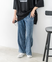 【C-FORT POINT/フォートポイント】ニットデニム ベイカーワイドパンツ デニム風 ストレッチ 柔らかい 楽パン ウエストゴム 大人カジュアル デイリー 公園 ワンマイルウェア