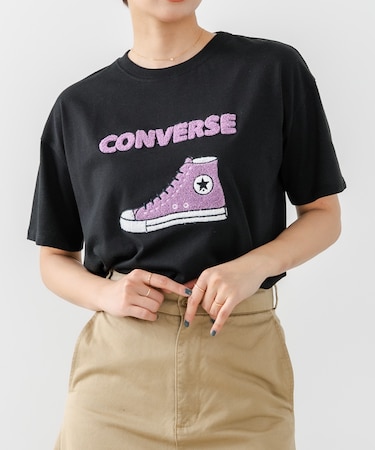 【CONVERSE】 シューズ サガラ 刺繍 5分袖 Tシャツ レディース ゆったり リラックス