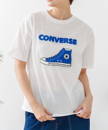【CONVERSE】 シューズ サガラ 刺繍 5分袖 Tシャツ レディース ゆったり リラックス