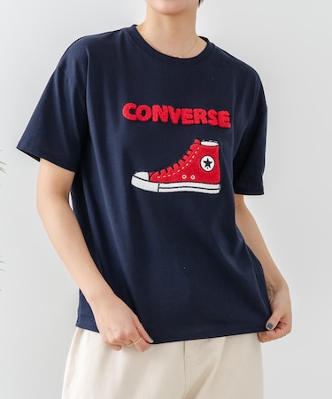 【CONVERSE】 シューズ サガラ 刺繍 5分袖 Tシャツ レディース ゆったり リラックス