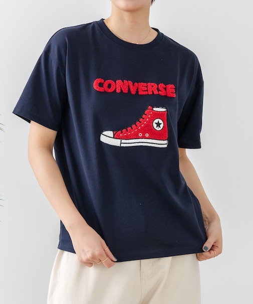 【CONVERSE】 シューズ サガラ 刺繍 5分袖 Tシャツ レディース ゆったり リラックス