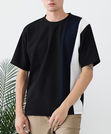 【BLUE STANDARD】ドライリップル 切り替えデザインTシャツ 吸水速乾 ストレッチ イージーケア さらさら快適 カットソー