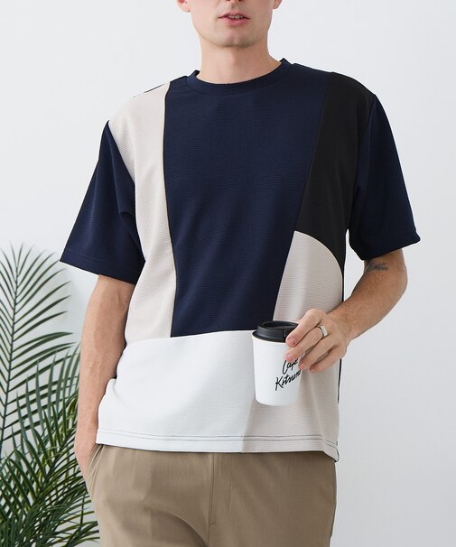 【BLUE STANDARD】ドライリップル 切り替えデザインTシャツ 吸水速乾 ストレッチ イージーケア さらさら快適 カットソー