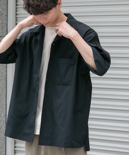 24SS MHL. リネンコットン プレーンウィーブ オープンカラーシャツ 黒 24SS MHL. リネンコットン プレーンウィーブ オープンカラー