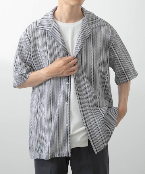 マルチストライプレースオープンカラーショートスリーブシャツ
