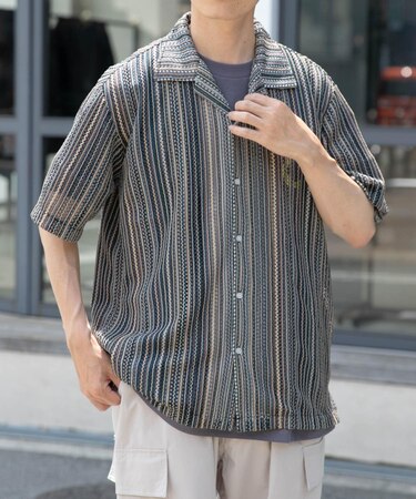 マルチストライプレースオープンカラーショートスリーブシャツ