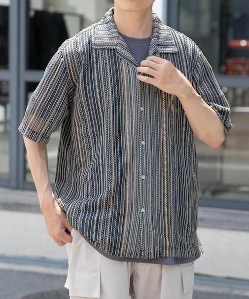 マルチストライプレースオープンカラーショートスリーブシャツ