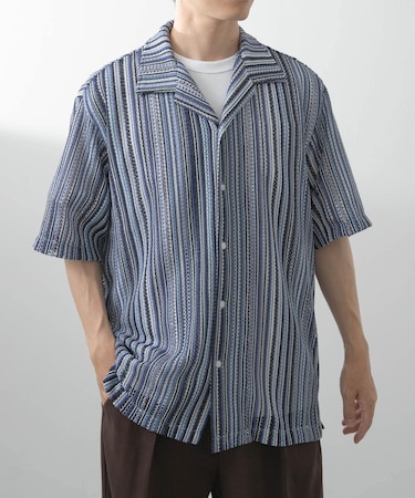 マルチストライプレースオープンカラーショートスリーブシャツ
