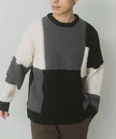 編地切替 クルーネック ニット