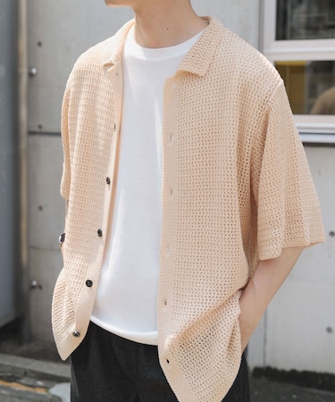 透かし編みニットレギュラーカラーシャツ