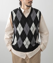 ウール混アーガイルVネックニットベスト
