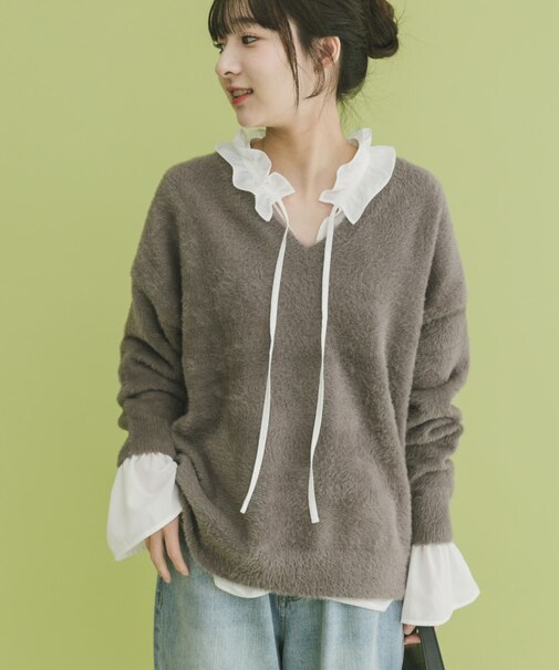 ミニシャギーVネックニット