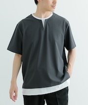 『イージーケア／吸水速乾』高機能ワッフル フェイクレイヤーキーネックTシャツ
