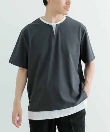 『イージーケア／吸水速乾』高機能ワッフル フェイクレイヤーキーネックTシャツ