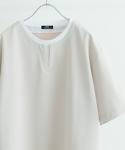 『イージーケア／吸水速乾』高機能ワッフル フェイクレイヤーキーネックTシャツ