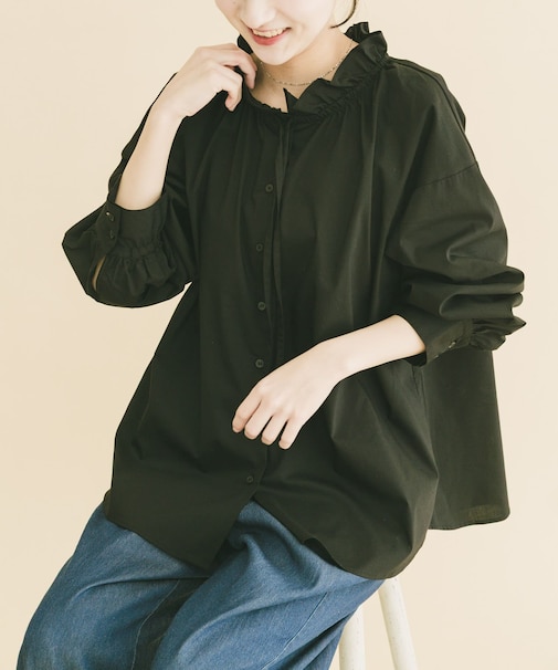 『UVカット／接触冷感』ネックフリルブラウス(楽着シリーズ)