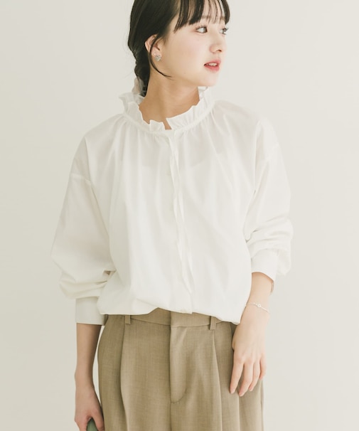 『UVカット／接触冷感』ネックフリルブラウス(楽着シリーズ)