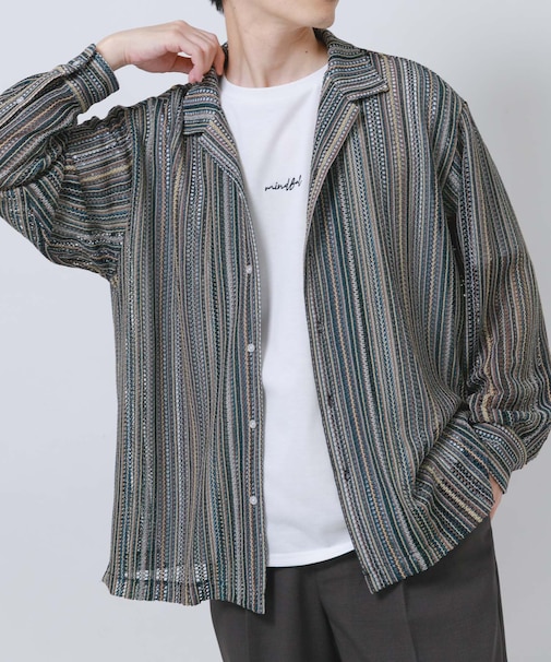 マルチストライプレースオープンカラーシャツ