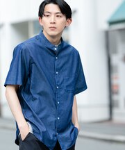 TCインディゴ バンドカラー半袖シャツ