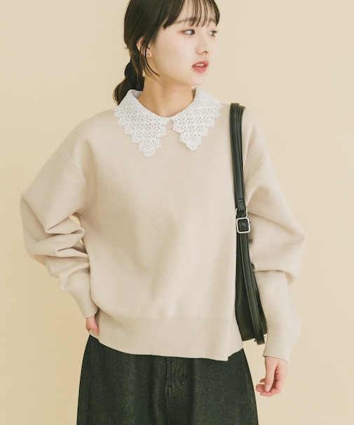 衿レーススウェットライクニット