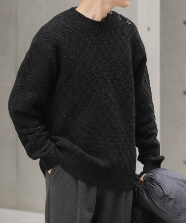 ウール混ショルダーボタンクルーネックニット