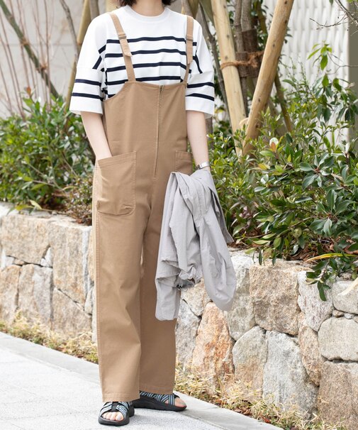 製品染めジップデザインサロペット