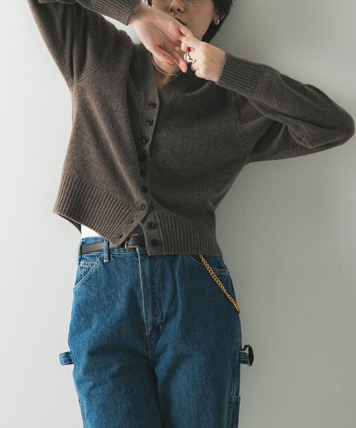 カシミヤ強縮Vネックカーディガン