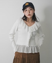 『洗濯可』フリルレースフレアスリーブニット