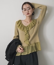 『洗濯可』フリルレースフレアスリーブニット