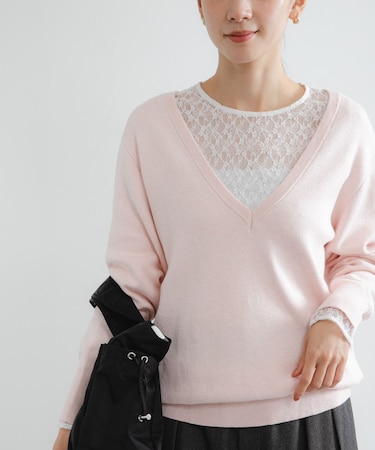 new basic カシミヤコットンVネックチュニックニット