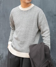 『XLサイズあり』ヘリンボーン柄クルーネックニット