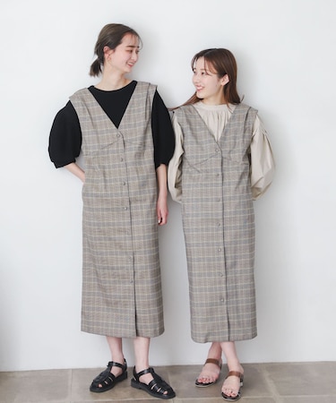 『One-C／低身長向けサイズ展開あり』チェックフロントボタンジャンパースカート