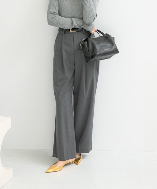 ウール混防シワハイウエストワイドスラックス