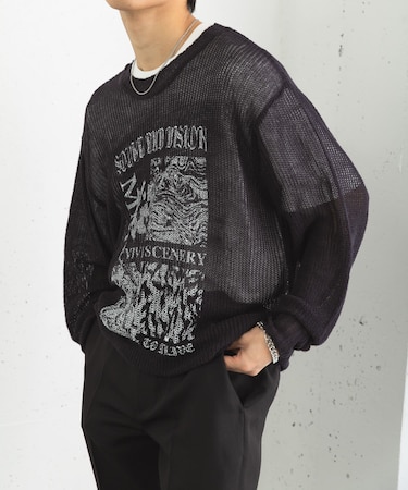 『洗濯可』グラフィックプリントシアーニット