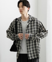 『ユニセックス』シアーチェックオープンカラーロングスリーブシャツ