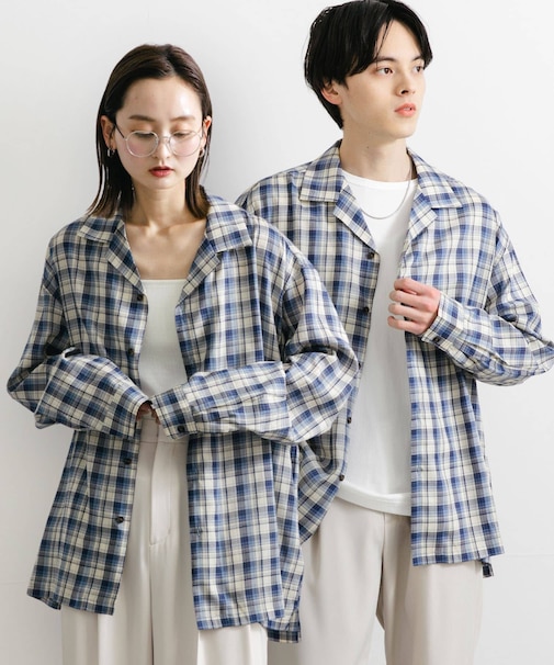 『ユニセックス』シアーチェックオープンカラーロングスリーブシャツ