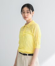 new basic　リネン混ワッシャーシャツカラーニット