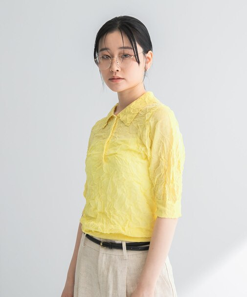 new basic リネン混ワッシャーシャツカラーニット