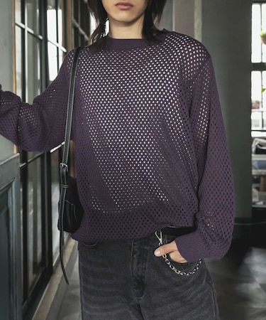 『洗濯可』シアーメッシュクルーネックニット