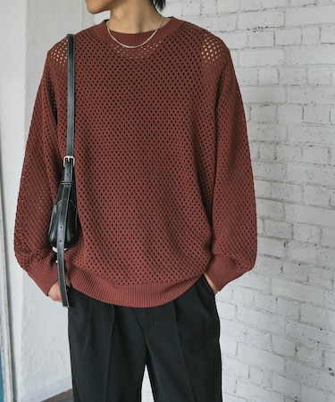 『洗濯可』シアーメッシュクルーネックニット