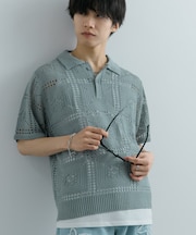 クロシェライクニットポロシャツ(5分袖)