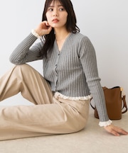 F by ROSSO　スパンコールフリルリブカーディガン