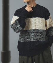 パネルテクスチャーボーダークルーネックニット