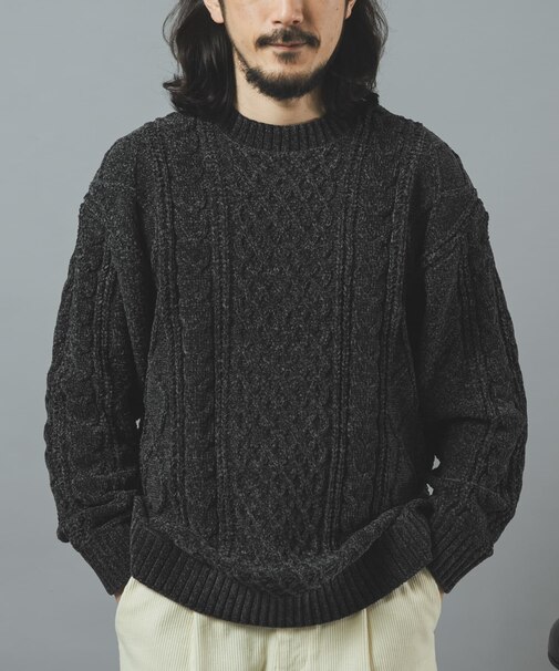 ケーブル編み モールクルーネック ニット