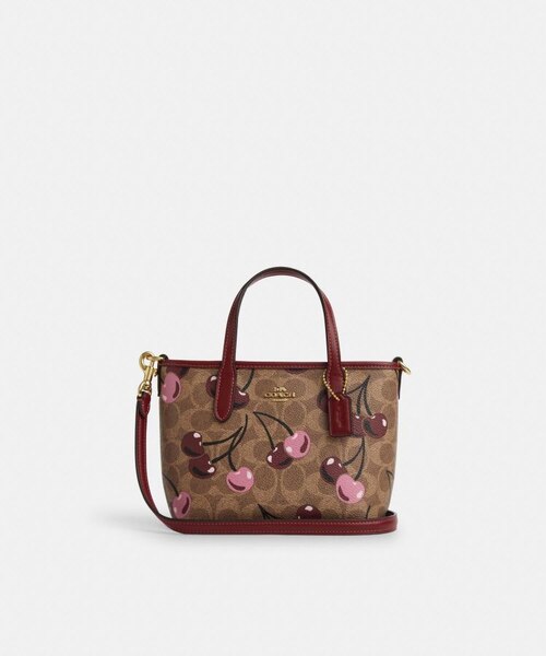 ロゴプリント トートバッグ ブラウン レッド 公式】シティ ミニ トート バッグ・シグネチャー キャンバス・チェリー