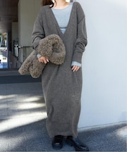 ウールミックスVネックルーズニットワンピース