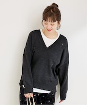 手洗い可 / ディープVネックダメージニット